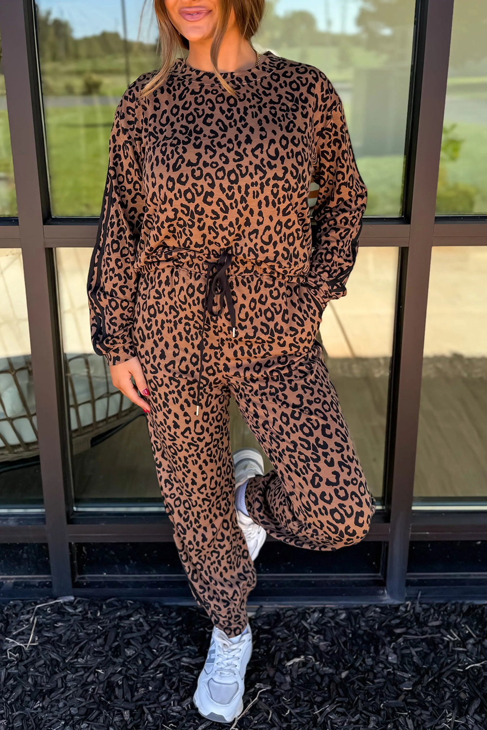 Brown Varsity Striped Trim Leopard Long Sleeve Top Drawstring Pant Set