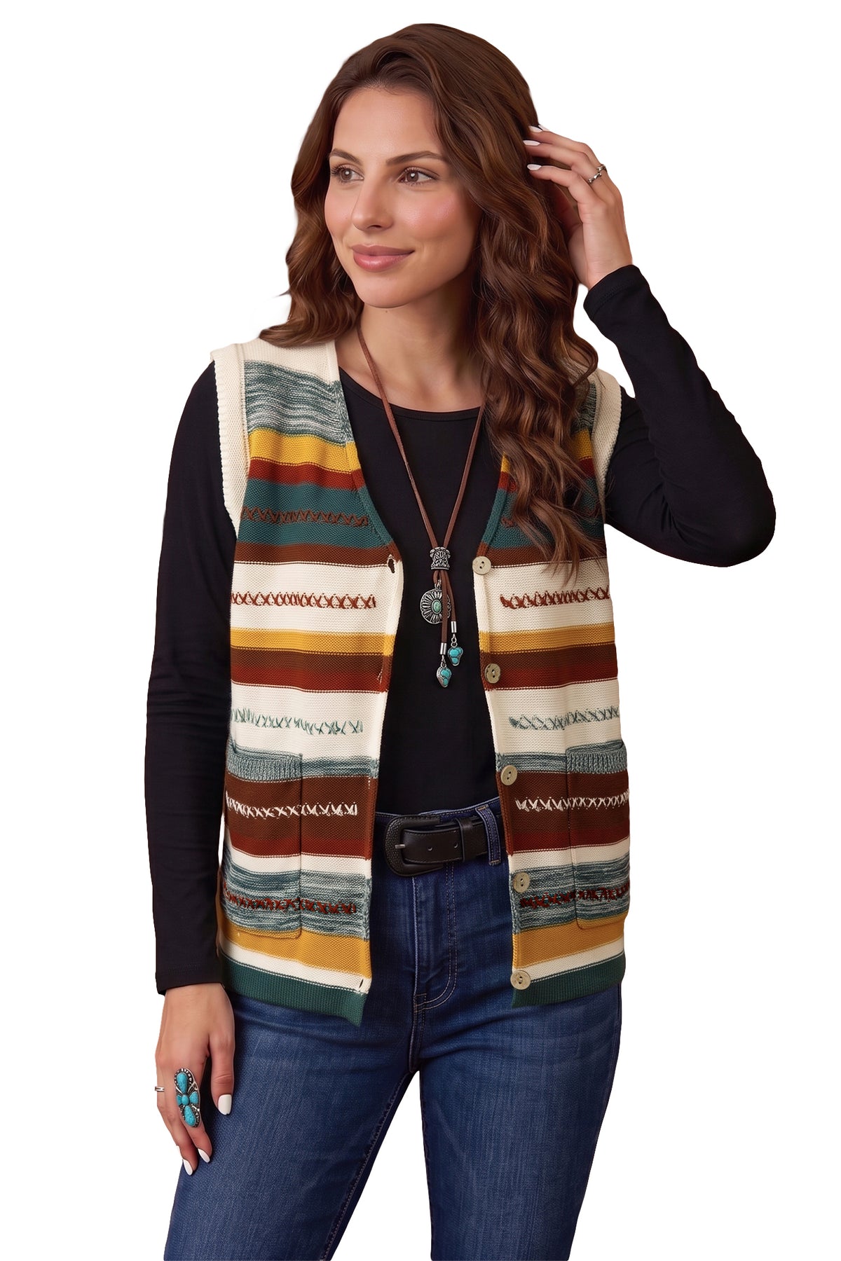 Multicolour Striped Button Front Sleeveless Knit Regular Fit Sweater Vest