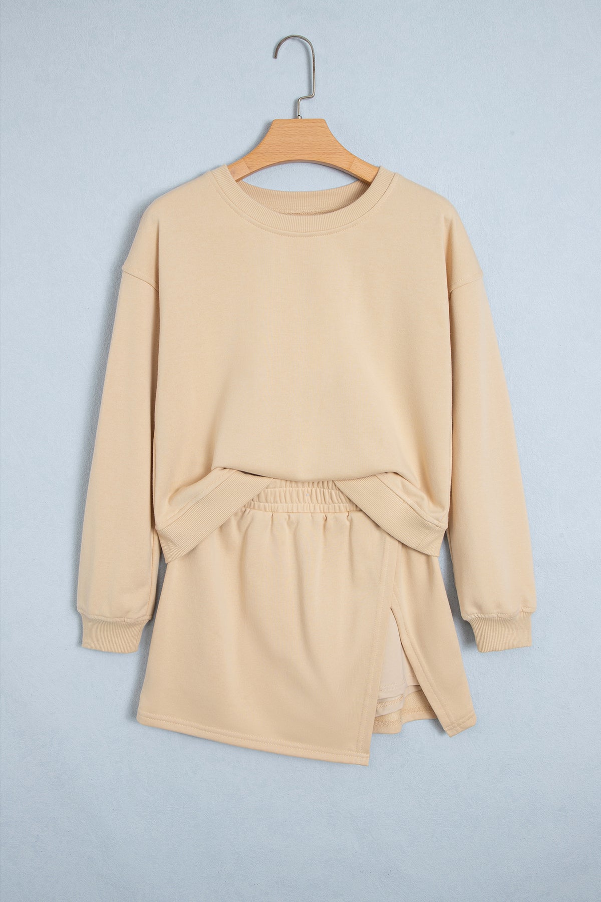 Parchment Solid Color Long Sleeve Top Split Skort 2pcs Outfit