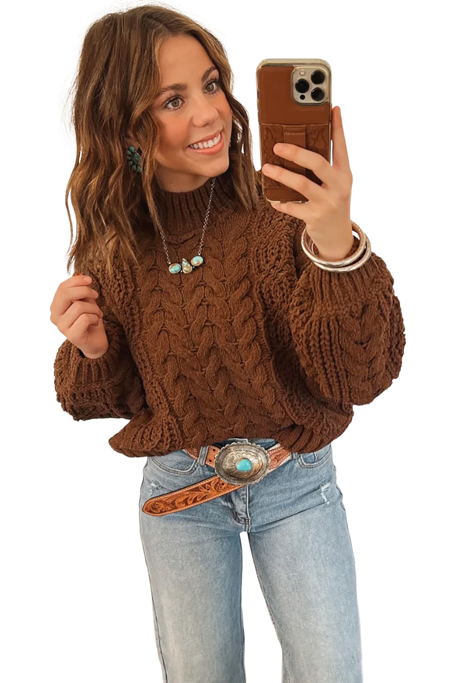Coffee Solid Color Cable Knit High Neck Loose Pullover Sweater
