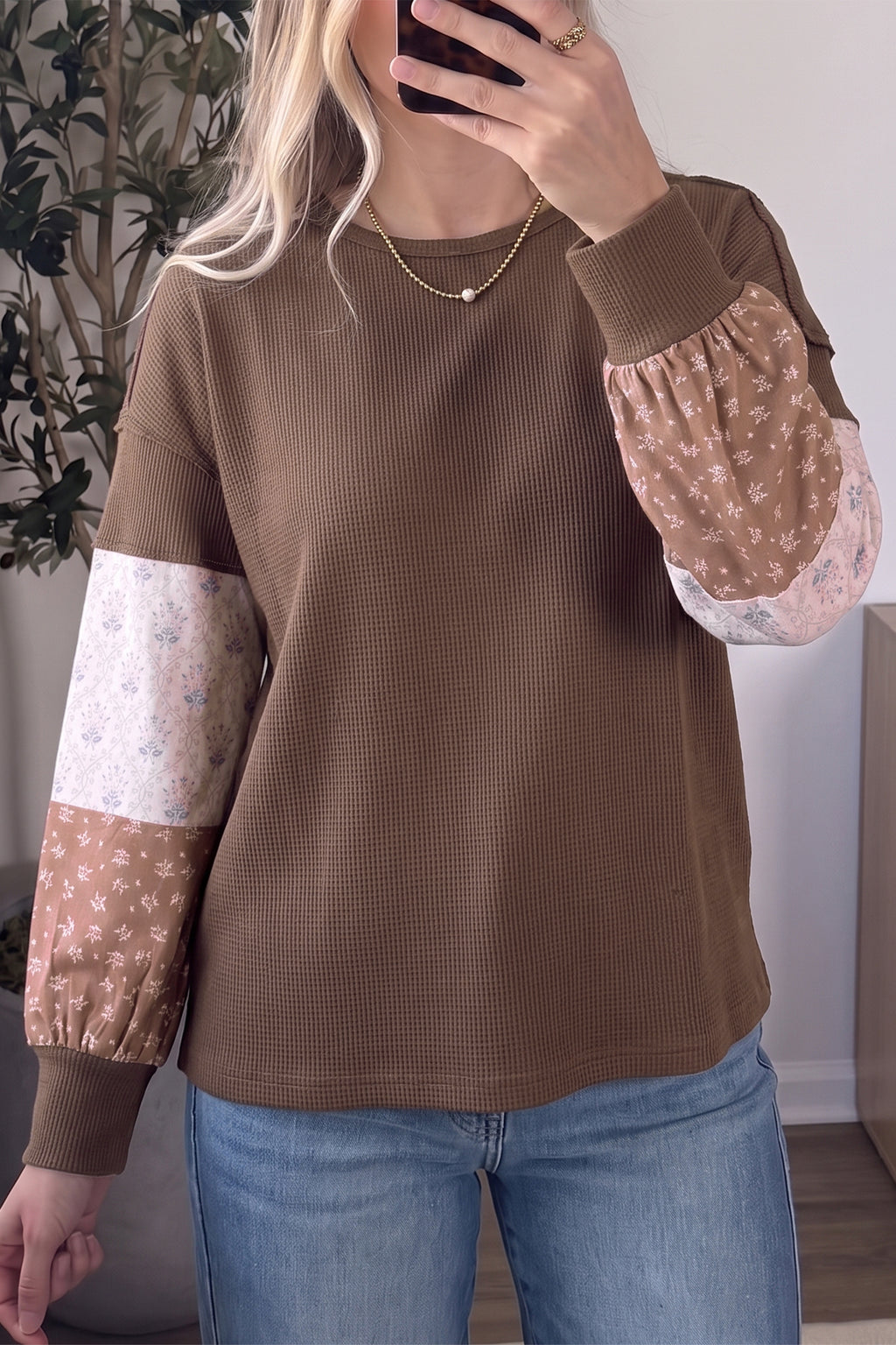 Coffee Floral Print Colorblock Long Sleeve Textured Loose Pullover Tunic Top