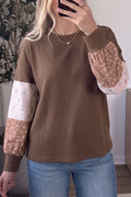 Coffee Floral Print Colorblock Long Sleeve Textured Loose Pullover Tunic Top