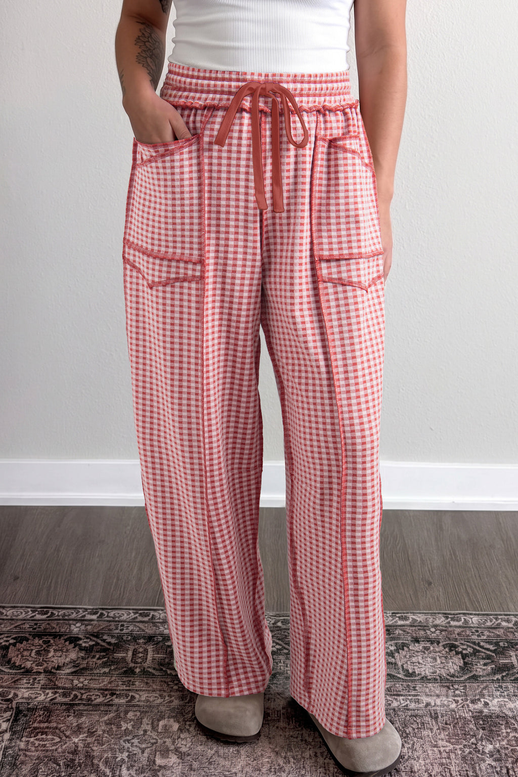 Green Plaid Contrast Trim Drawstring Elastic Waist Shift Pants