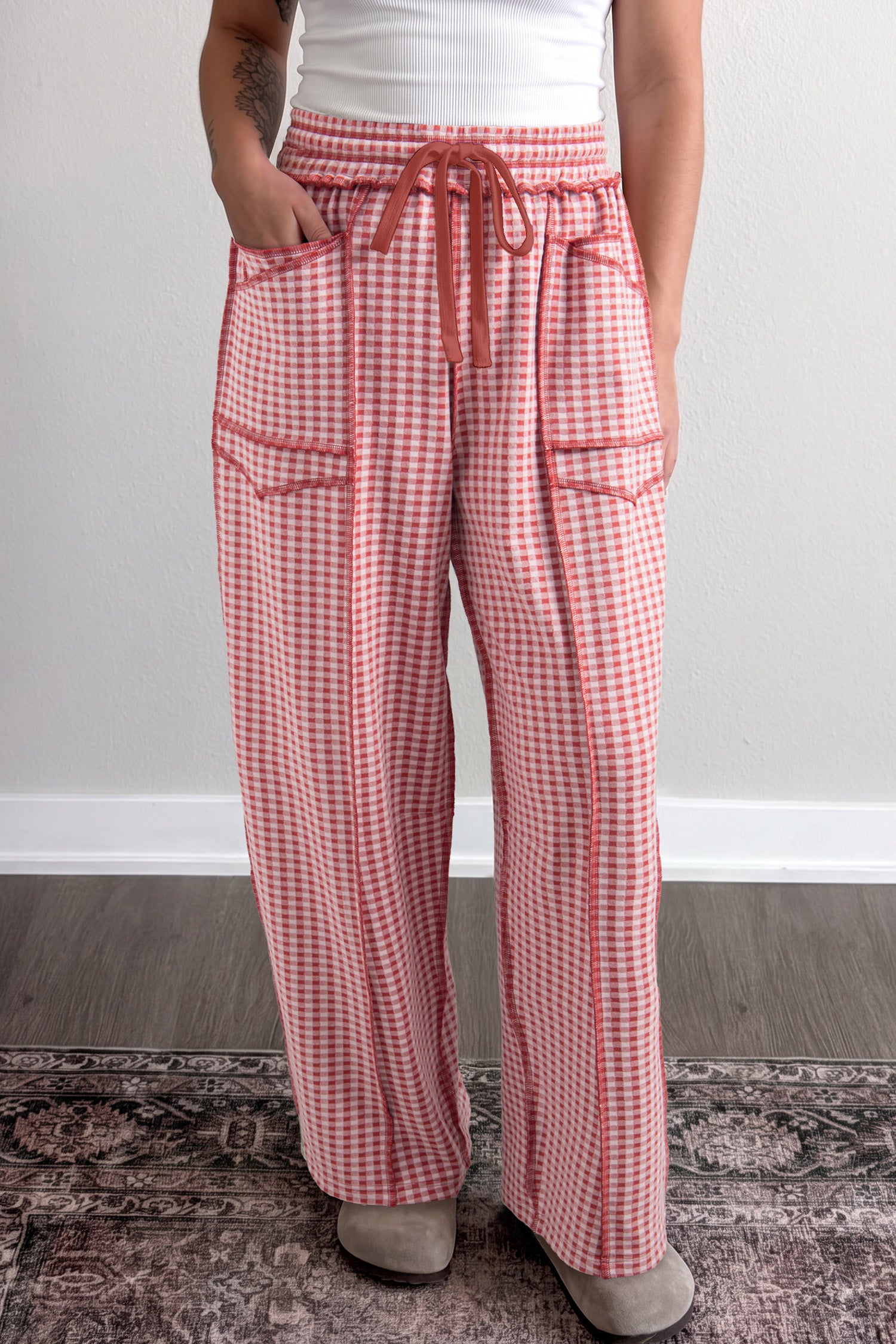 Green Plaid Contrast Trim Drawstring Elastic Waist Shift Pants
