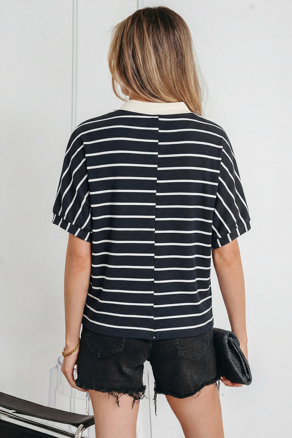 White Stripe Stand Collar V Neck Elastic Cuffs Half Sleeve Dolman Top