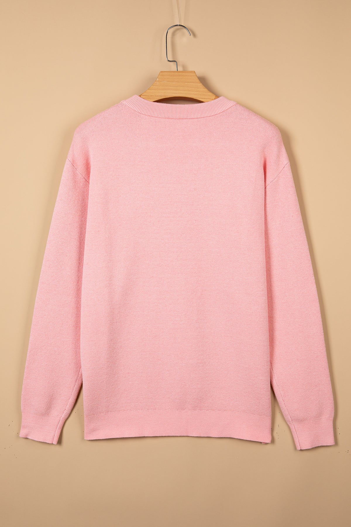 Gossamer Pink Drop Shoulder Round Neck Towel Embroidery Slogan Pullover Sweater