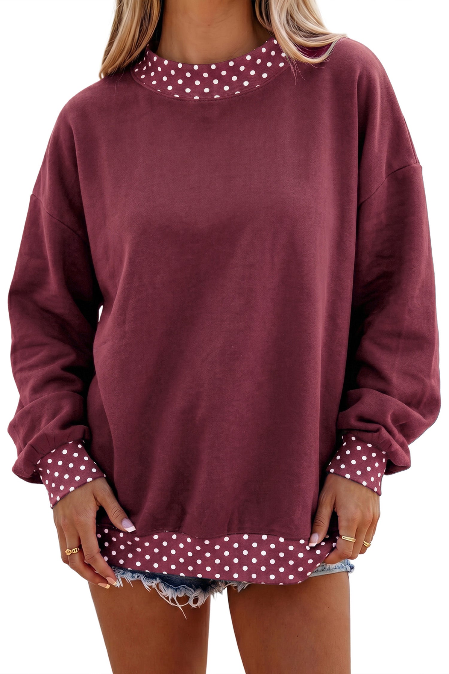 Dark Blue Colorblock Polka Dot Contrast Trim Oversized Sweatshirt