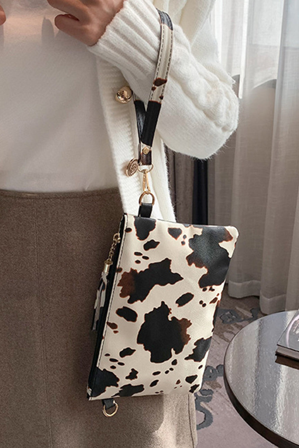Chestnut Leopard/Cow Print Wrist Strap Zipped Wallet