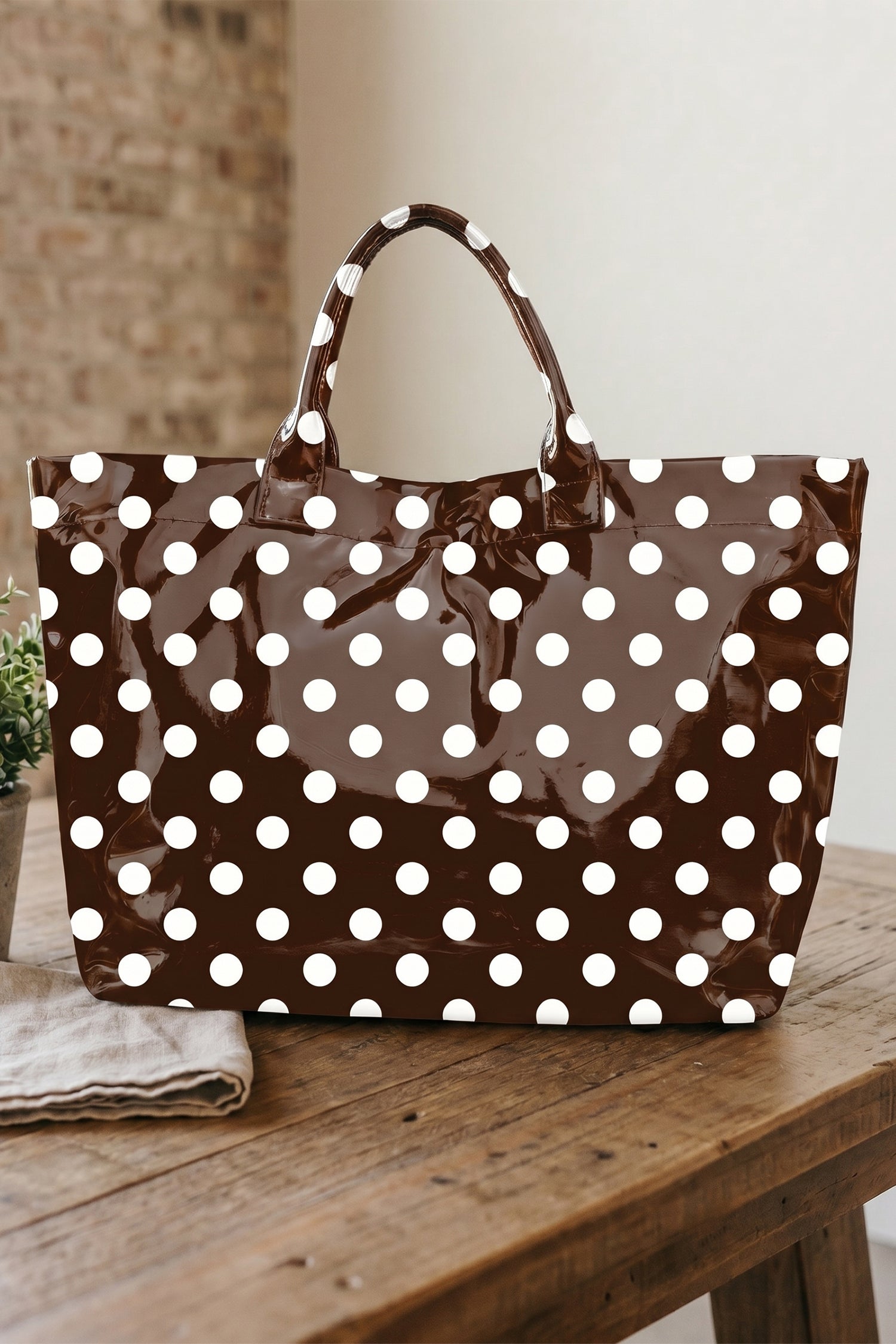 Color black Polka Dot Vinyl Glossy Tote Bag