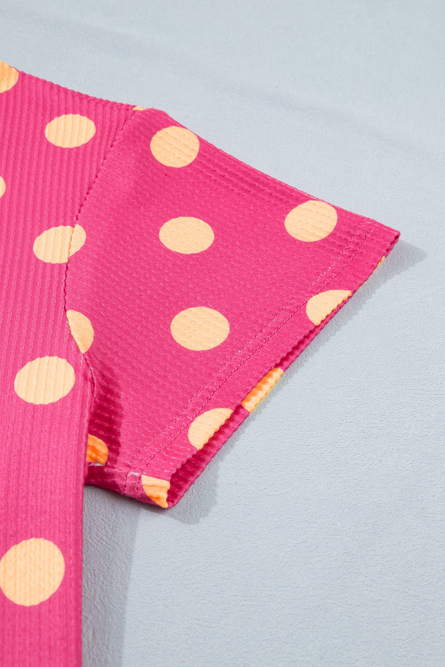 Pink Polka Dot Round Neck Drop Shoulder Patch Pocket Jacquard Texture Top
