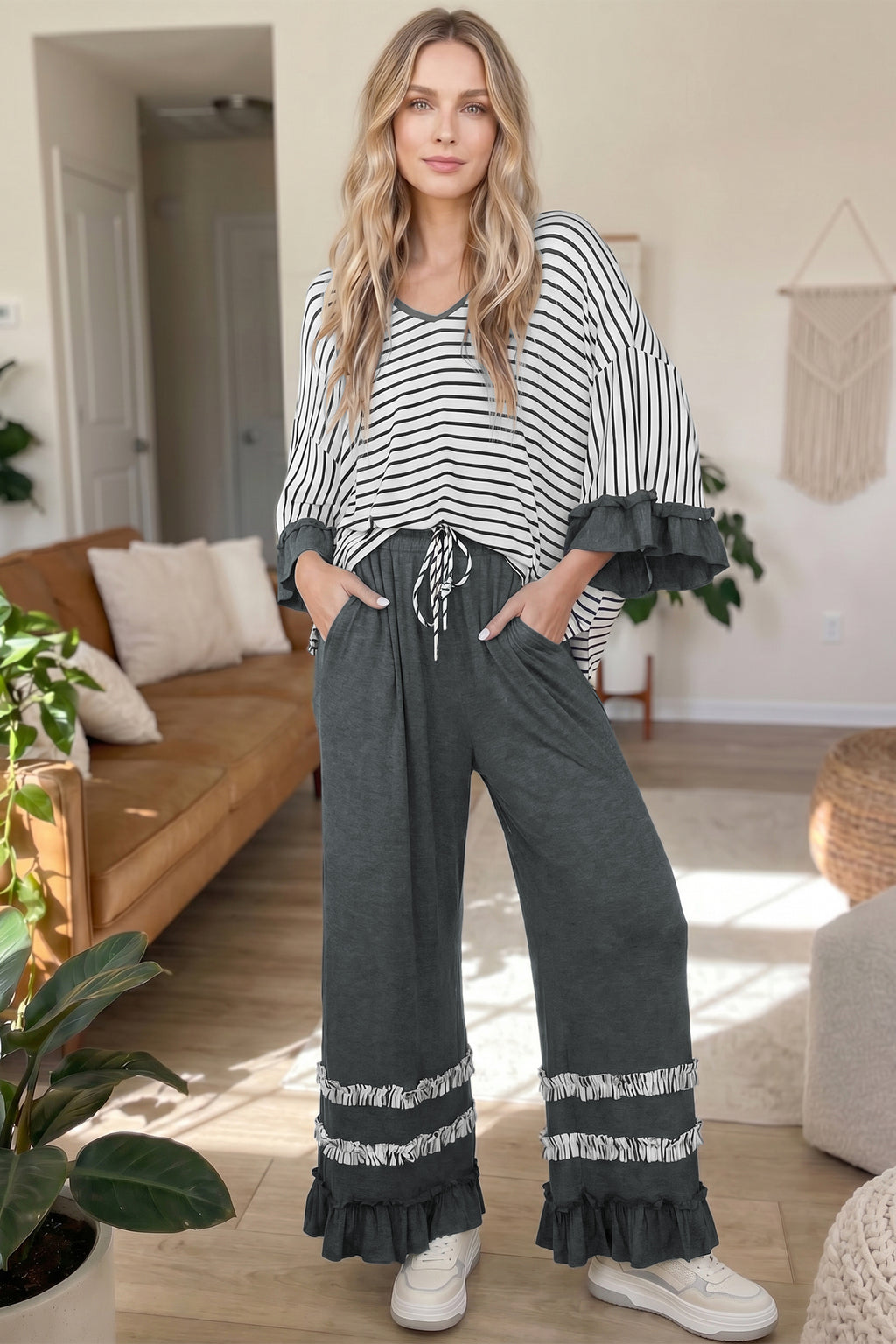 Gray Stripe V Neck Ruffle Contrast Sleeve Top Drawstring Pants 2pcs Set