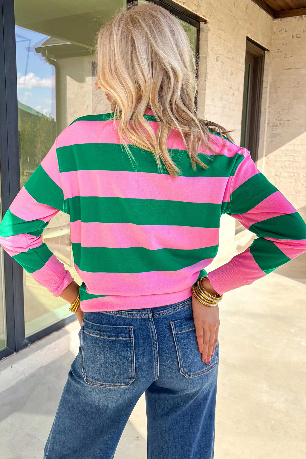 Green Stripe holly jolly Letter Embroidered Pullover Sweatshirt