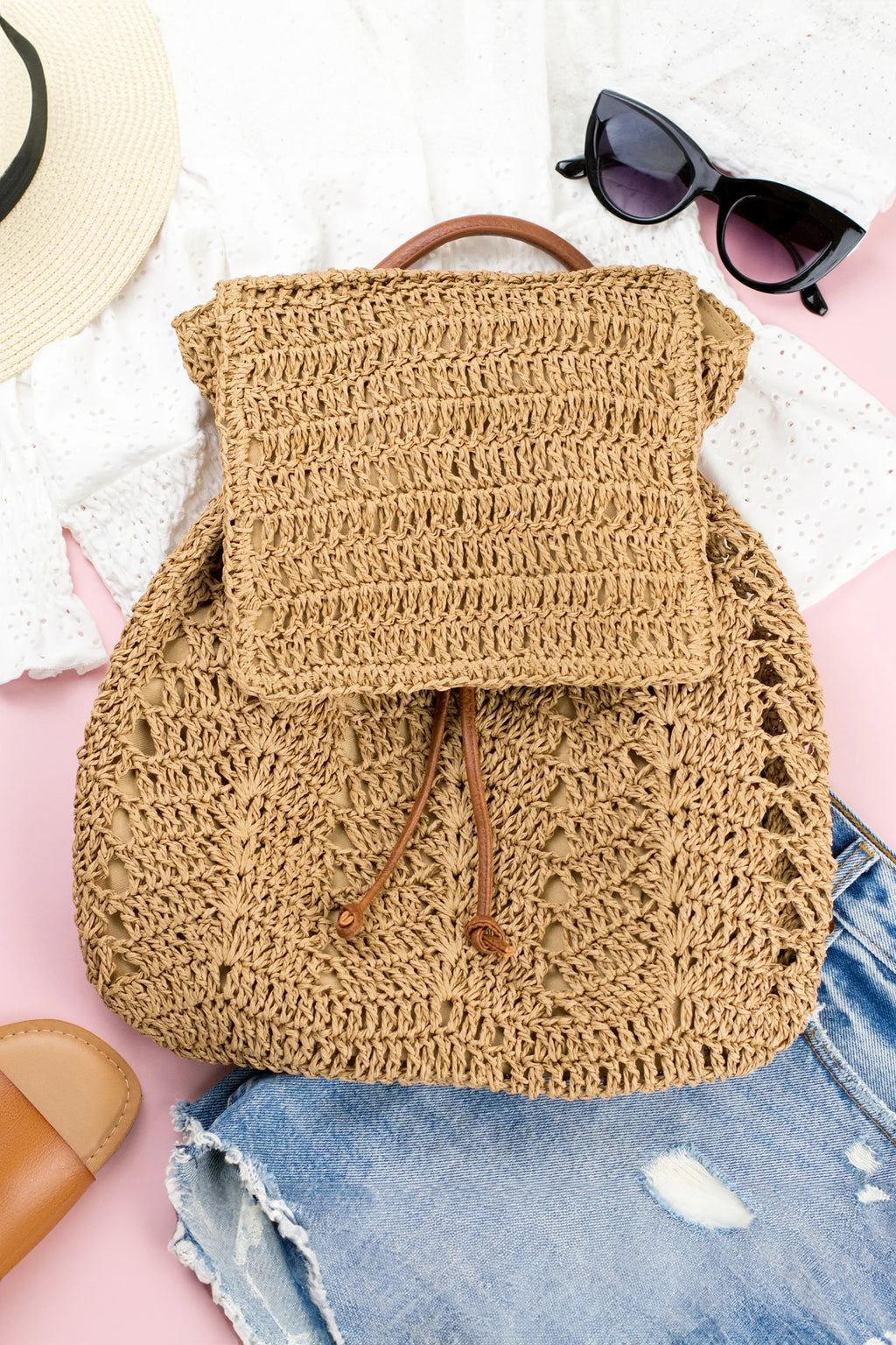 White Retro Straw Woven PU Leather Straps Casual Backpack