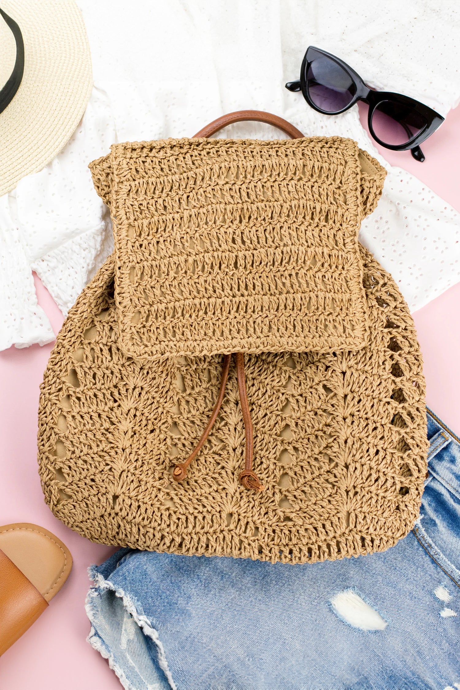 White Retro Straw Woven PU Leather Straps Casual Backpack