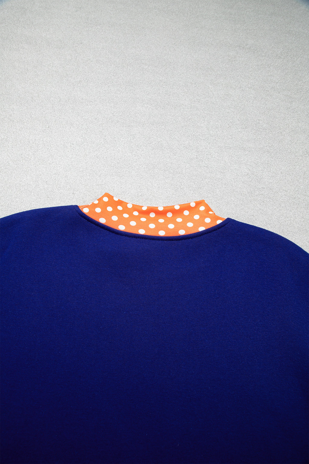 Tomato Red Polka Dot Letter Print Contrast Trim Mock Neck Sweatshirt
