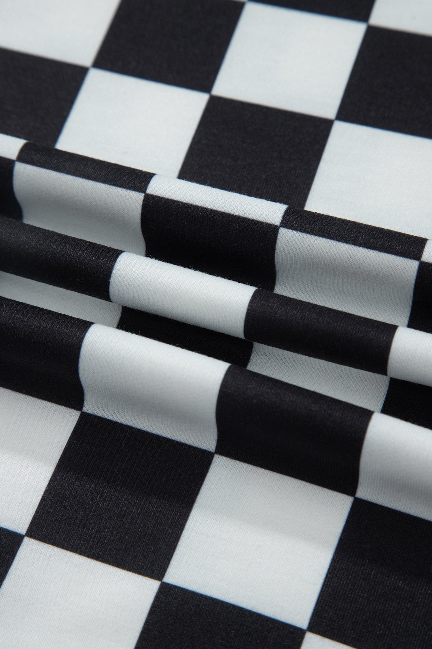 Black Checkered Print Color Block Trim Mock Neck Short Set
