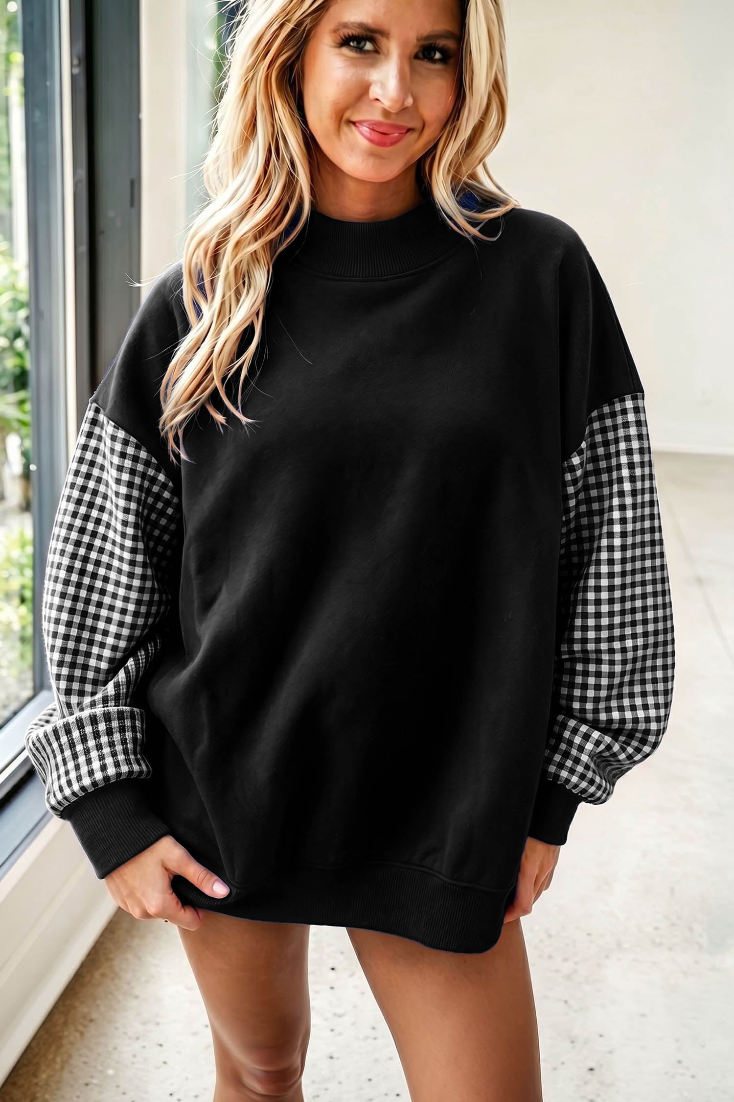Russet Orange Plaid Sleeve Colorblock Loose Tunic Sweatshirt