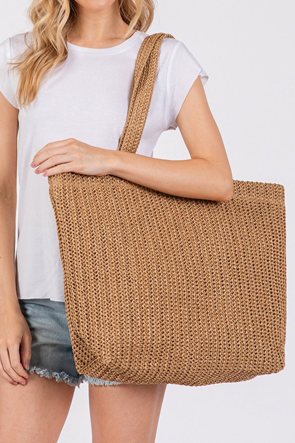Camel Solid Color Straw Woven Summer Beach Tote Bag
