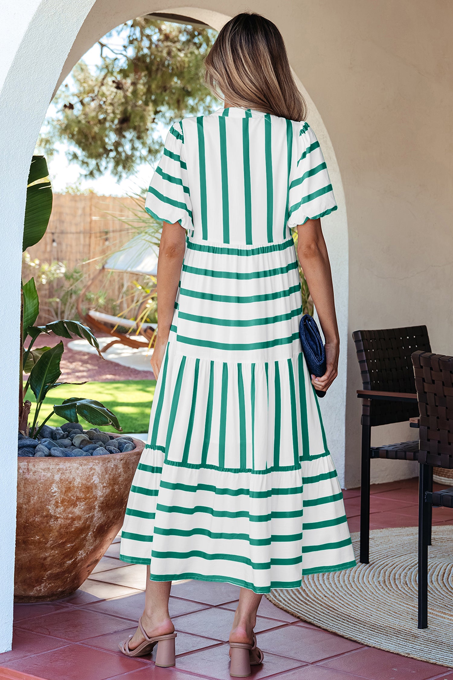 Green Stripe Ricrac Trim Notched Neck Half Sleeve Vacation Dress
