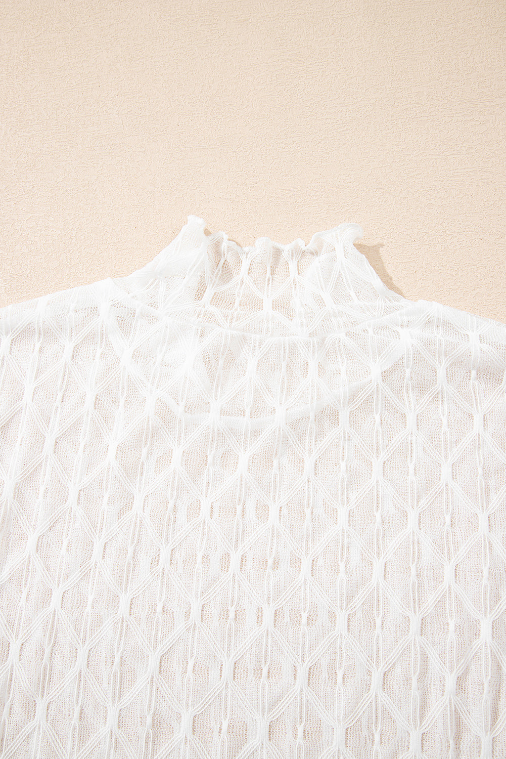 Beige Sheer Mesh Patterned Lettuce Trim Slim Long Sleeve Top