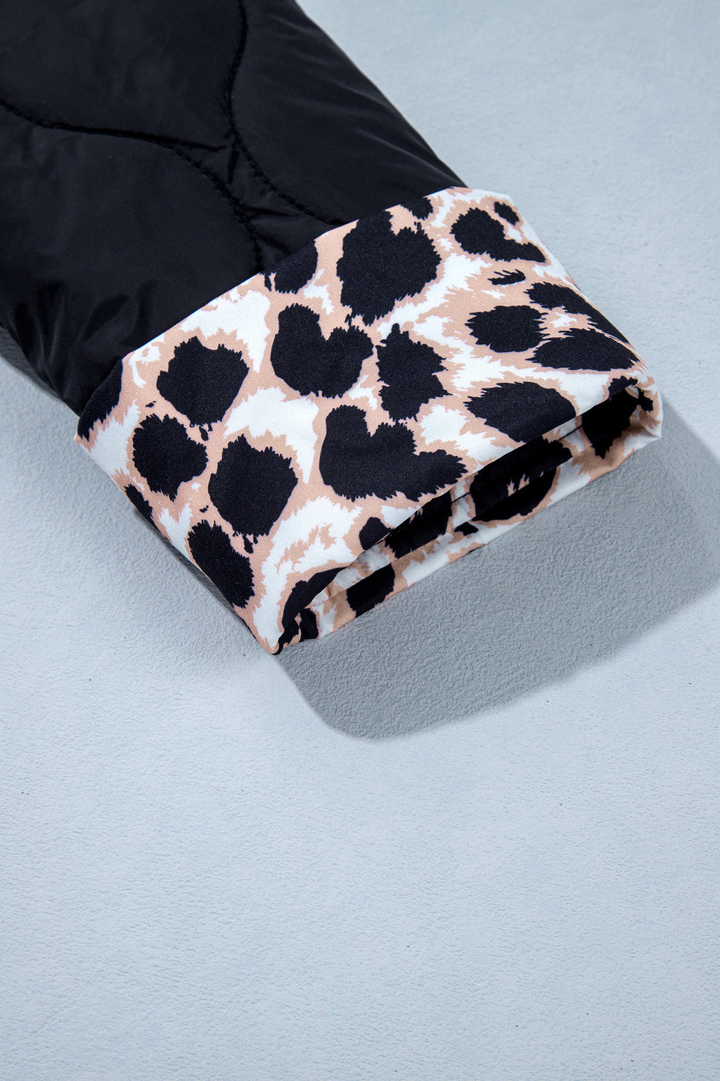 Black Retro Quilted Leopard Cuff Button Down Puffer Jacket