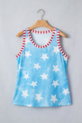 Sky Blue Tie Dye Star Print Striped Trim Round Neck Casual Tank Top