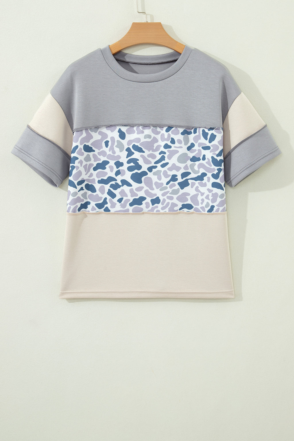 Gray Raw Seam Color Block Camouflage Patchwork Casual Tee