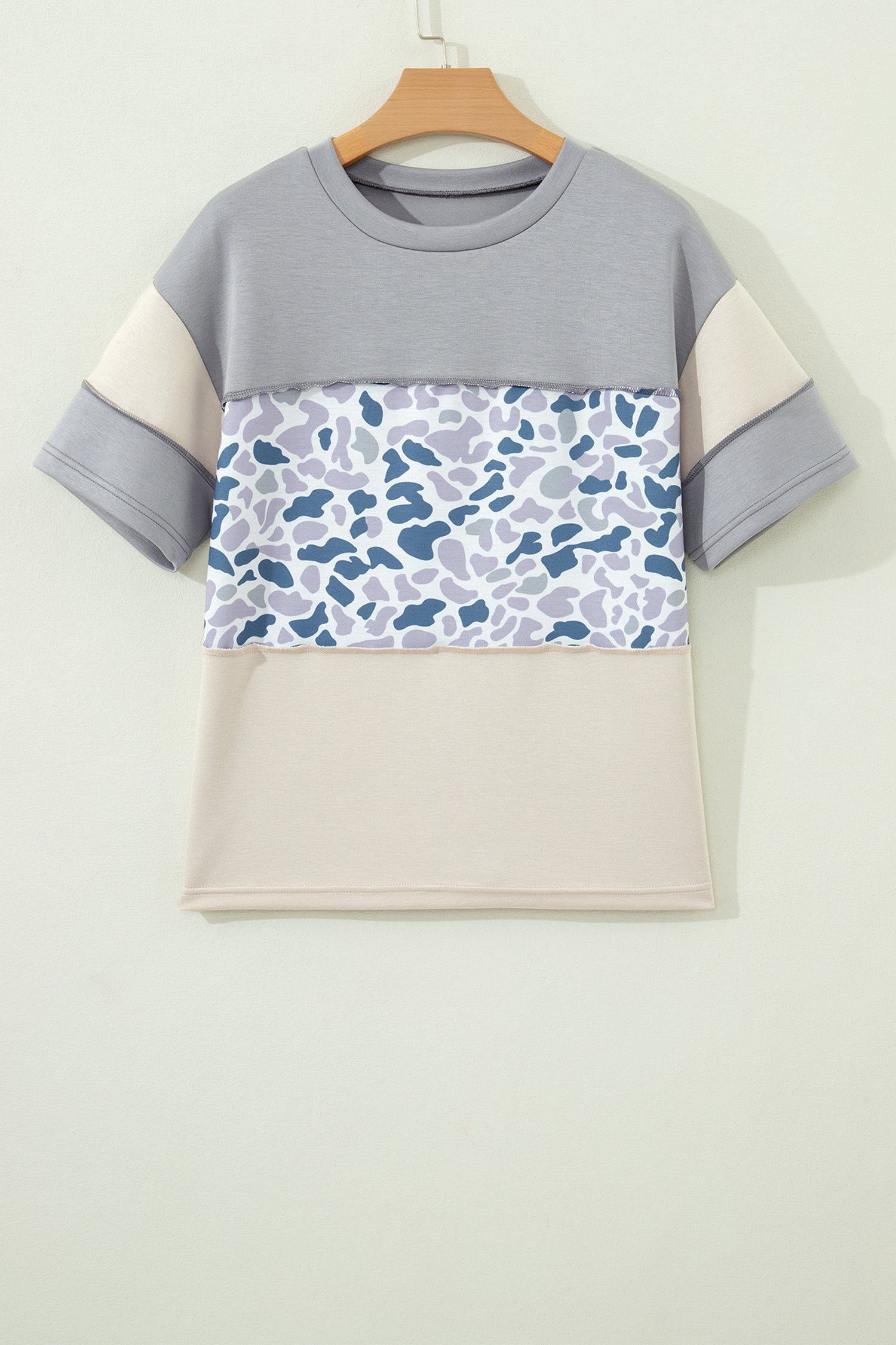 Gray Raw Seam Color Block Camouflage Patchwork Casual Tee