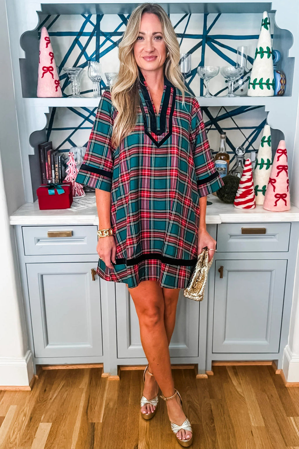 Green Plaid Velvet Trim Pockets Short Shift Dress
