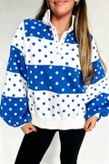 Blue Polka Dot Colorblock Half Zip Puff Sleeve Pullover Sweatshirt