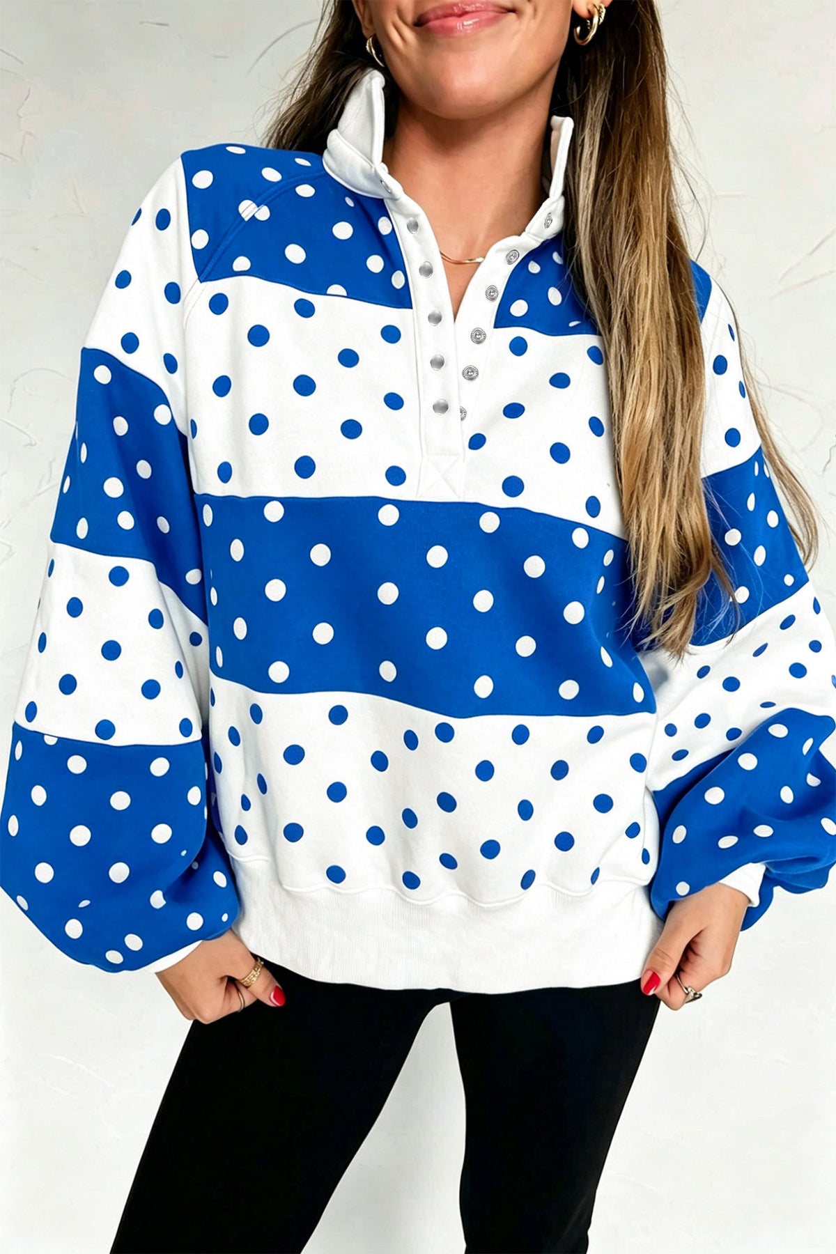 Blue Polka Dot Colorblock Half Zip Puff Sleeve Pullover Sweatshirt