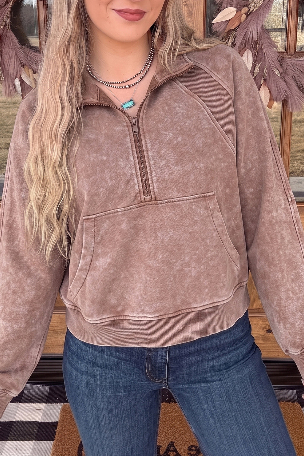 Chestnut Vintage Half-Zip Long Sleeve Ribbed Cuffs Hem Shift Silhouette Sweatshirt