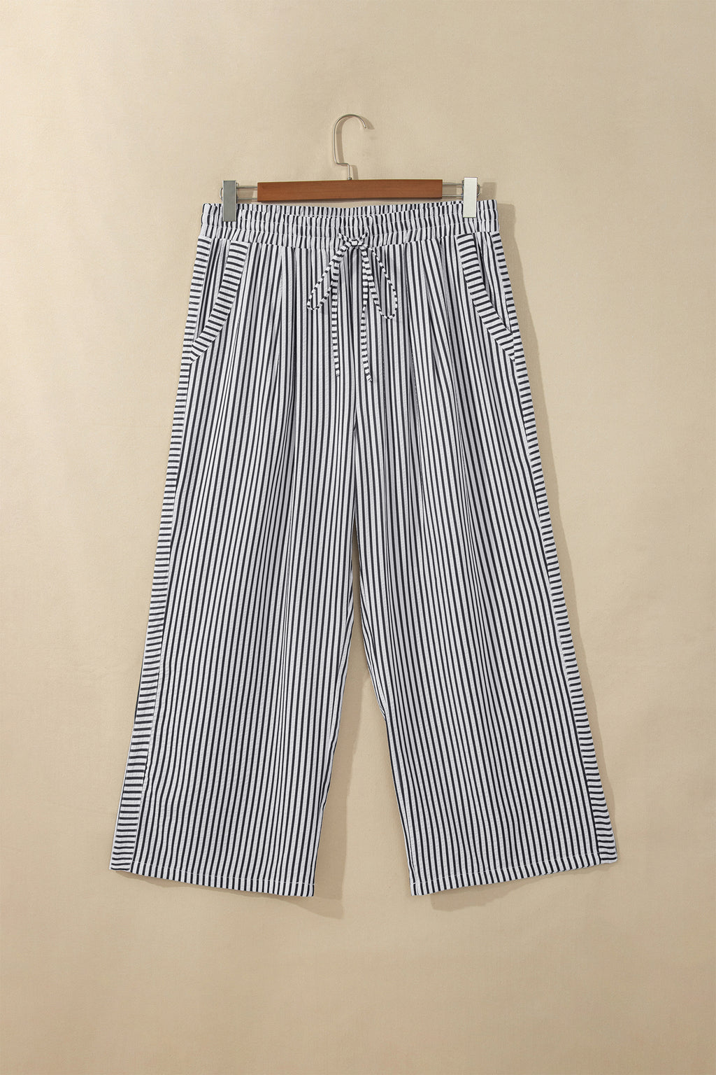 Black Stripe Plus Size Tie Waist Loose Pants