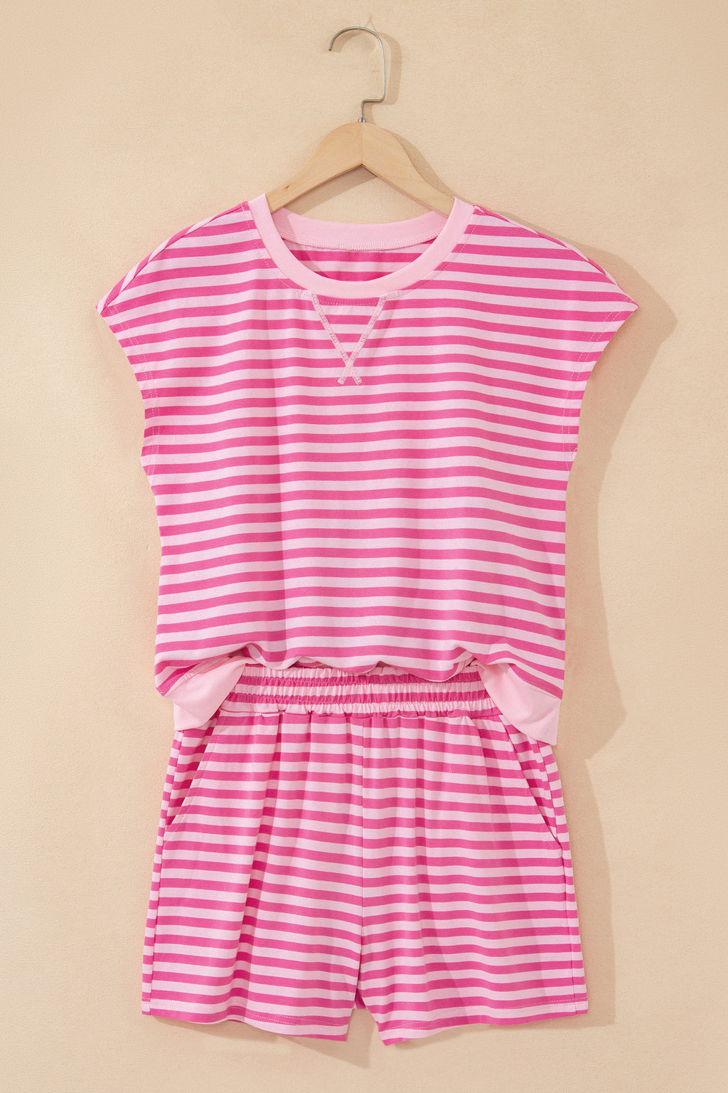 Pink Stripe Cap Sleeve Tee Elastic Waist Shorts 2pcs Outfit
