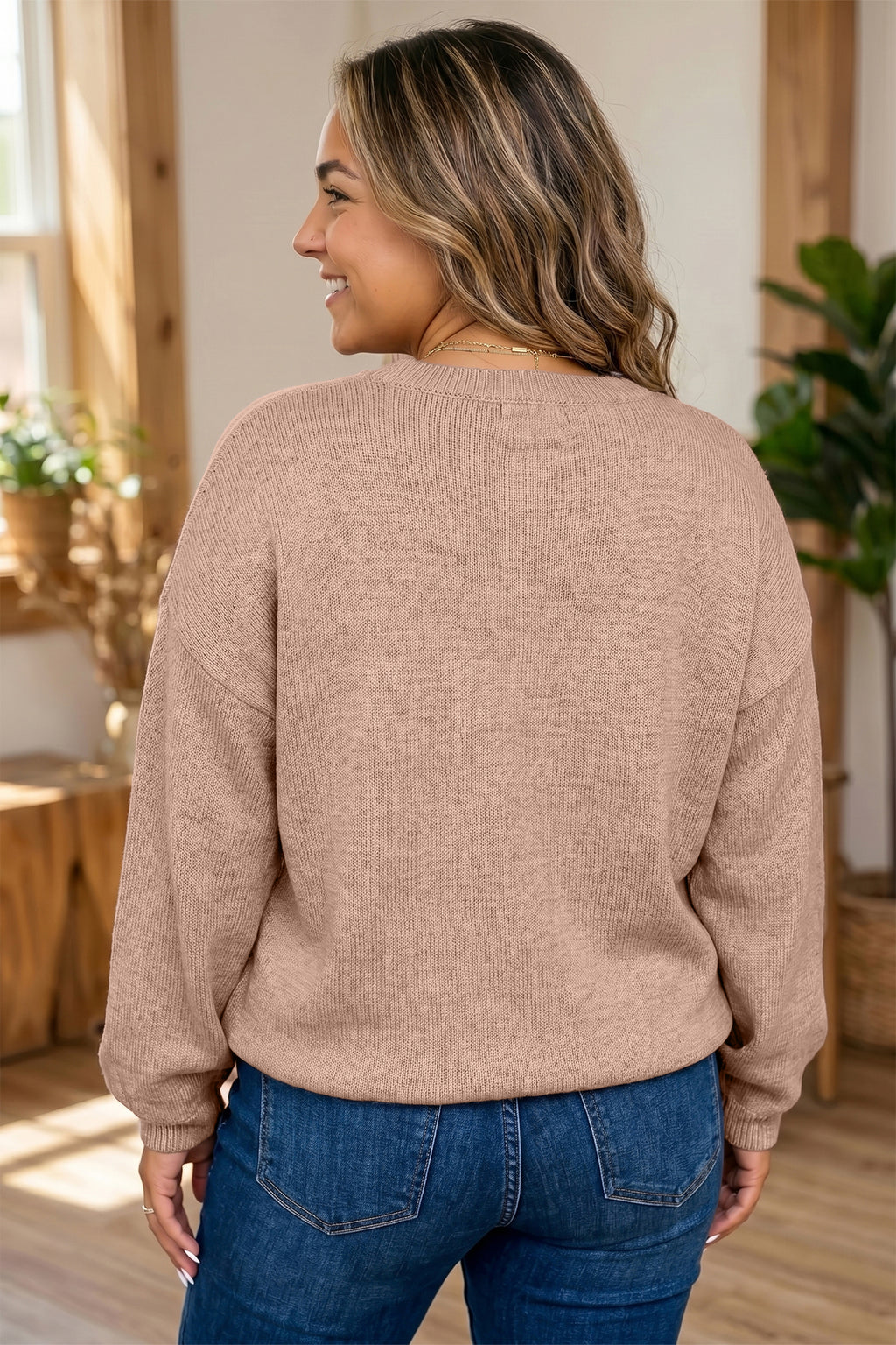 Dark Khaki Leopard Bow Embroidery Drop Shoulder Tunic Plus Size Sweater