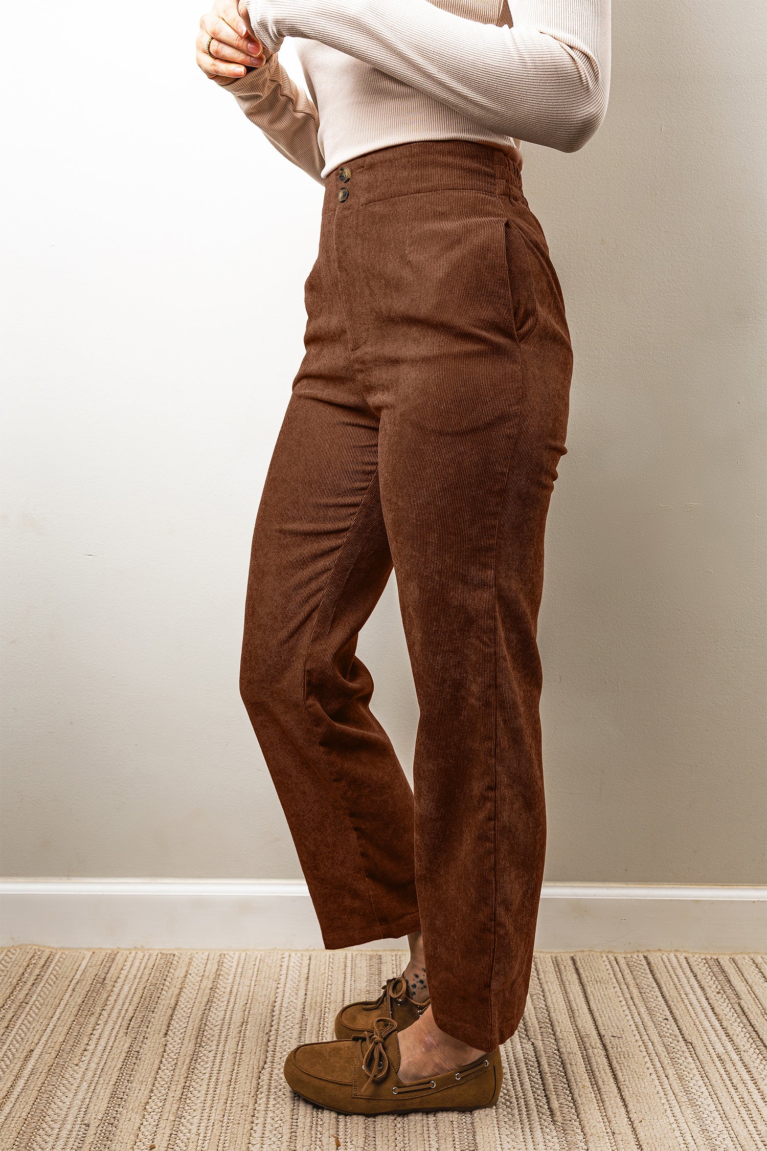 Coffee Elastic Waist Straight Leg Ankle Length Corduroy Pants