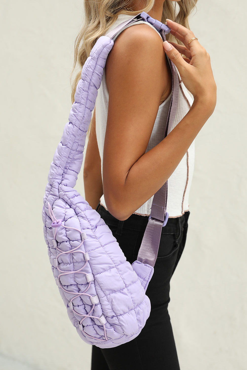 White Marshmallow Quilted Drawstring Decor Sling Bag