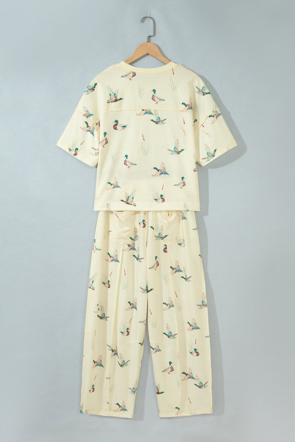 Beige Duck Print Short Sleeve Top Pocket Pants 2pcs Casual Set