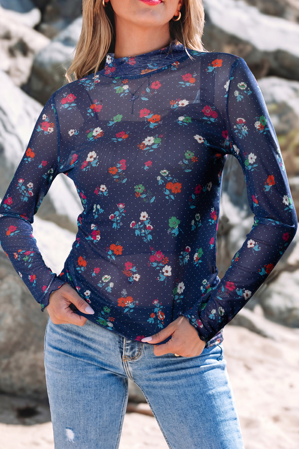 Blue Polka Dot Floral Mesh Long Sleeve High Neck Pullover Sheath Top