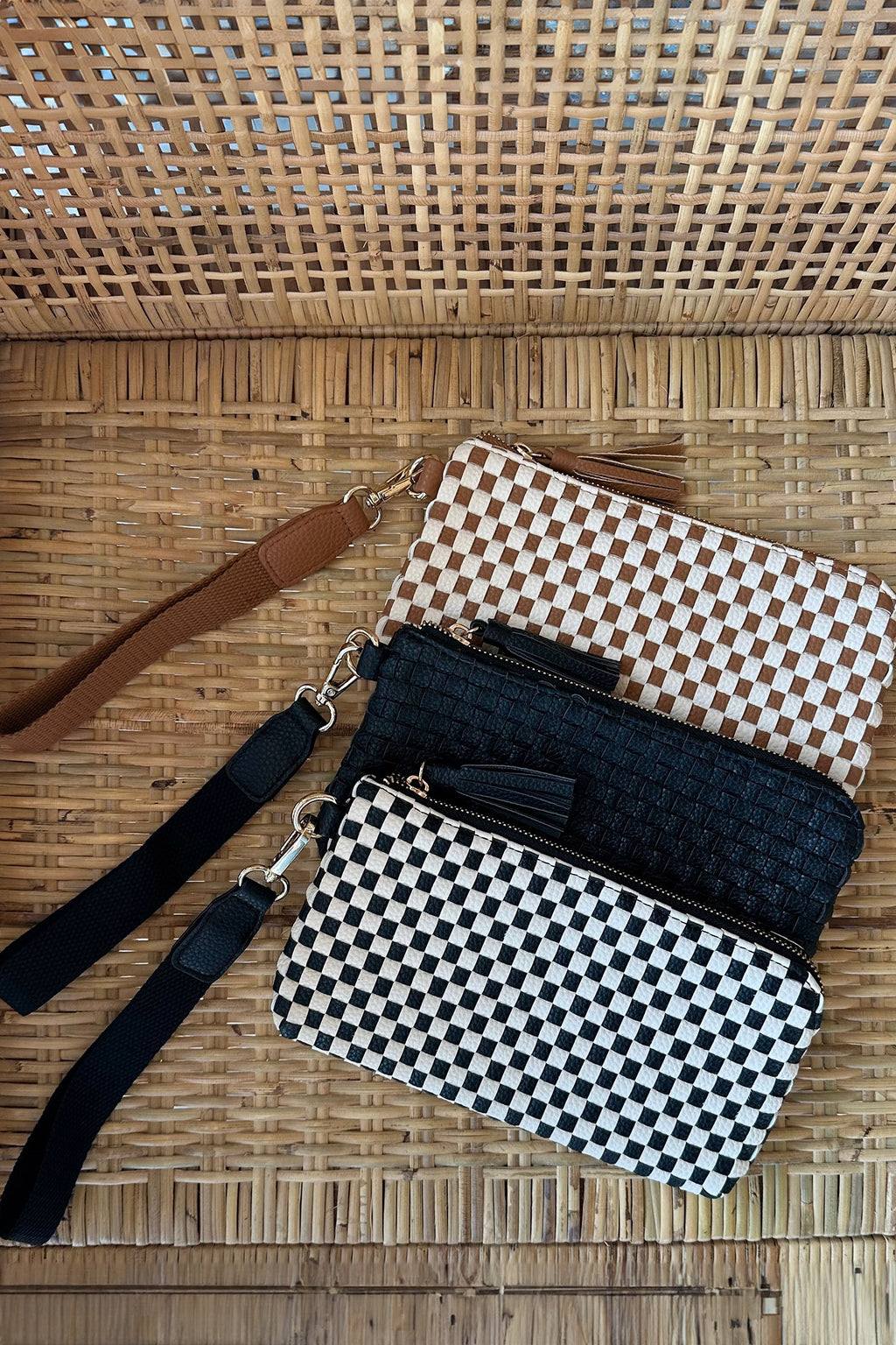 Chestnut Checkered  Woven Clutch Wristlet PU Leather Large Size Patterned Wallet