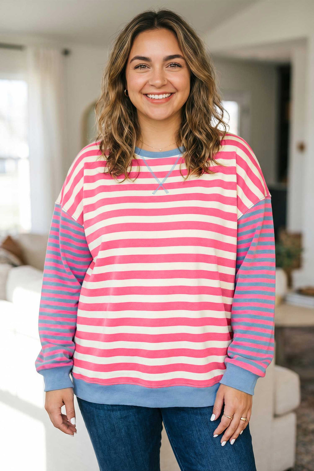 Pink Stripe Colorblock Striped Crewneck Long Sleeve Shift Tunic Plus Size Sweatshirt