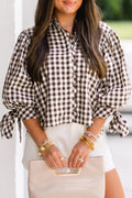 Brown Plaid Knot Half Sleeve Button Down Shirt