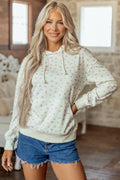 White Floral Print Ribbing Drawstring Hem Long Sleeve Hoodie