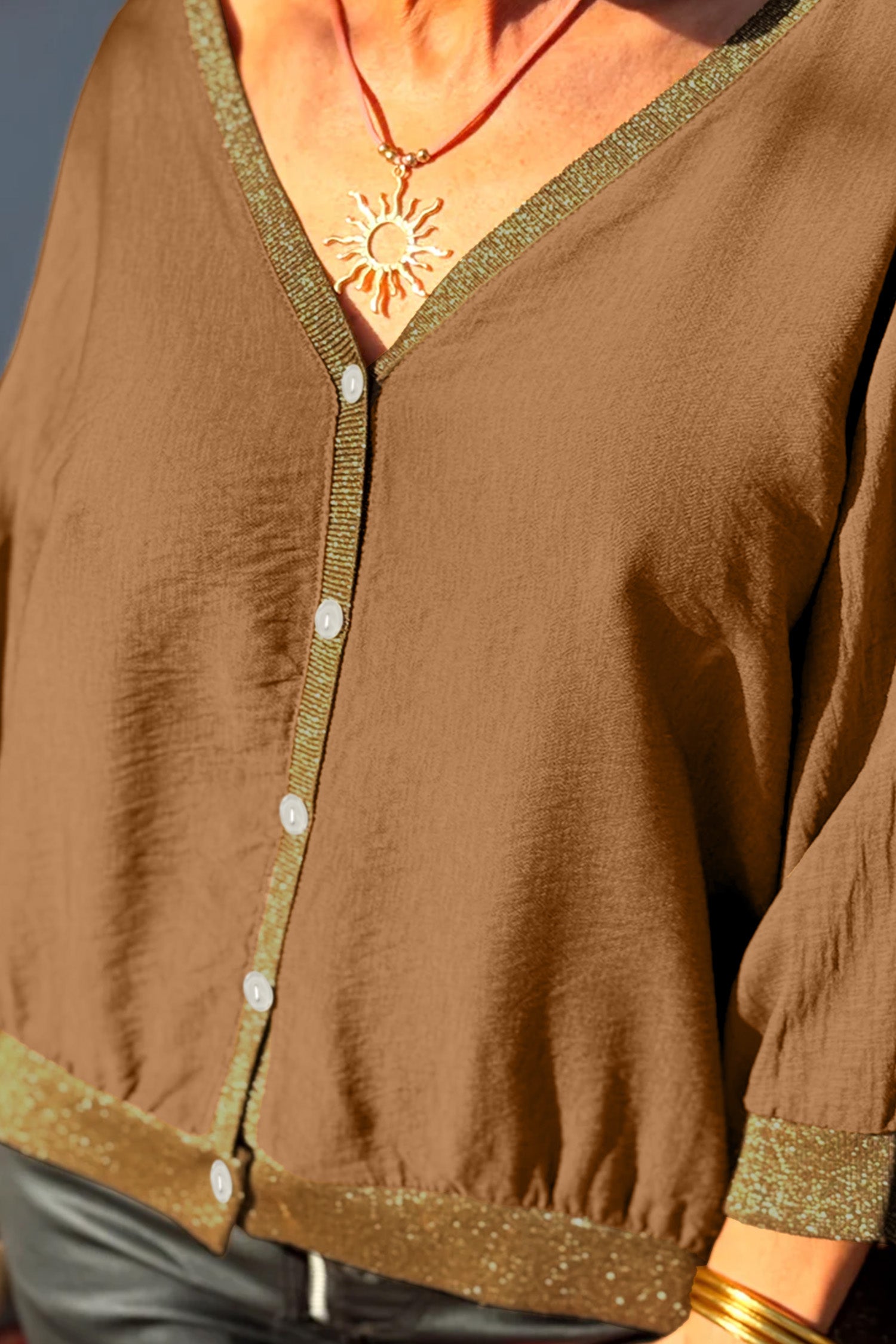 Brown V Neck Glitter Trim Patchwork Button-Front Blouse