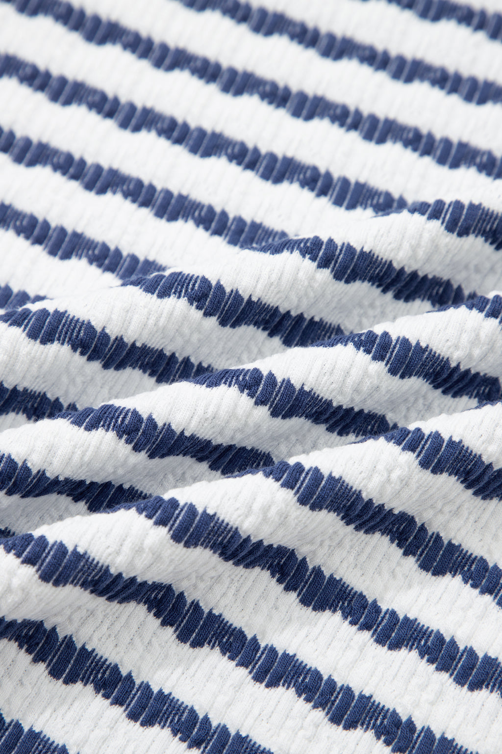 Blue Stripe Textured Knit Split Hem Half Sleeve Loose Top