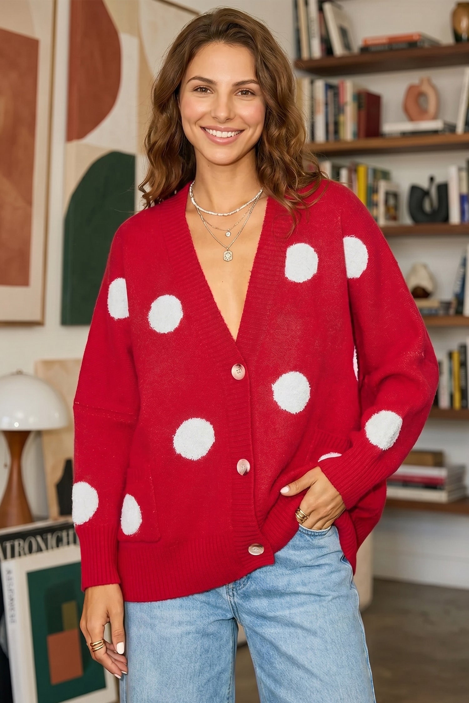 Red Polka Dot Button Front Oversized V Neck Cardigan