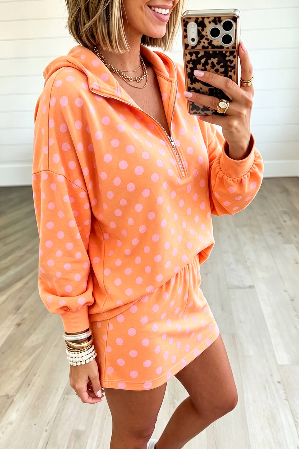 Khaki Polka Dot Hooded Long Sleeve Top Casual Mini Skort Set