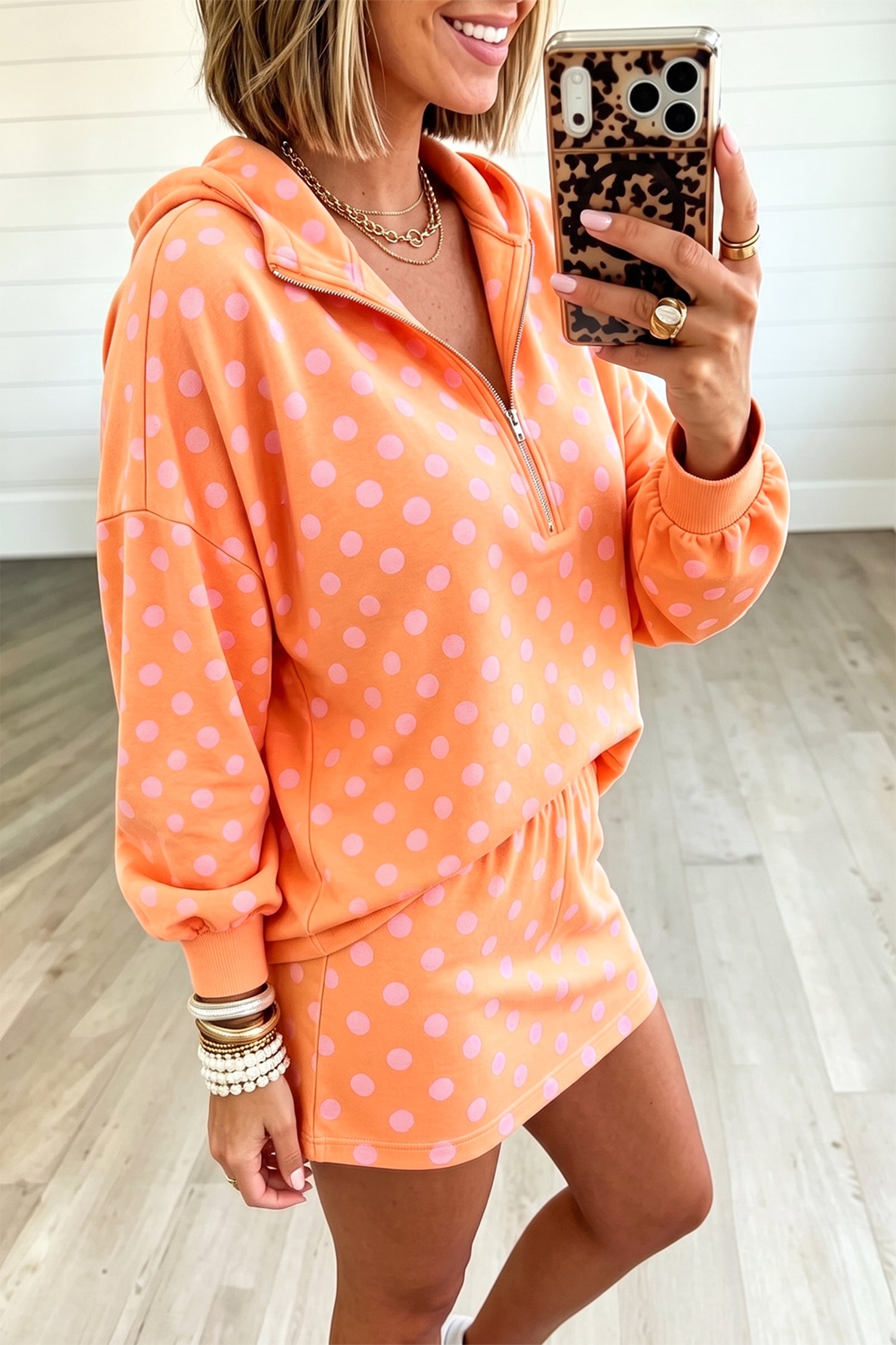 Khaki Polka Dot Hooded Long Sleeve Top Casual Mini Skort Set