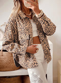 Khaki Leopard Print Collar Long Sleeve Patch Pocket Shift Denim Jacket