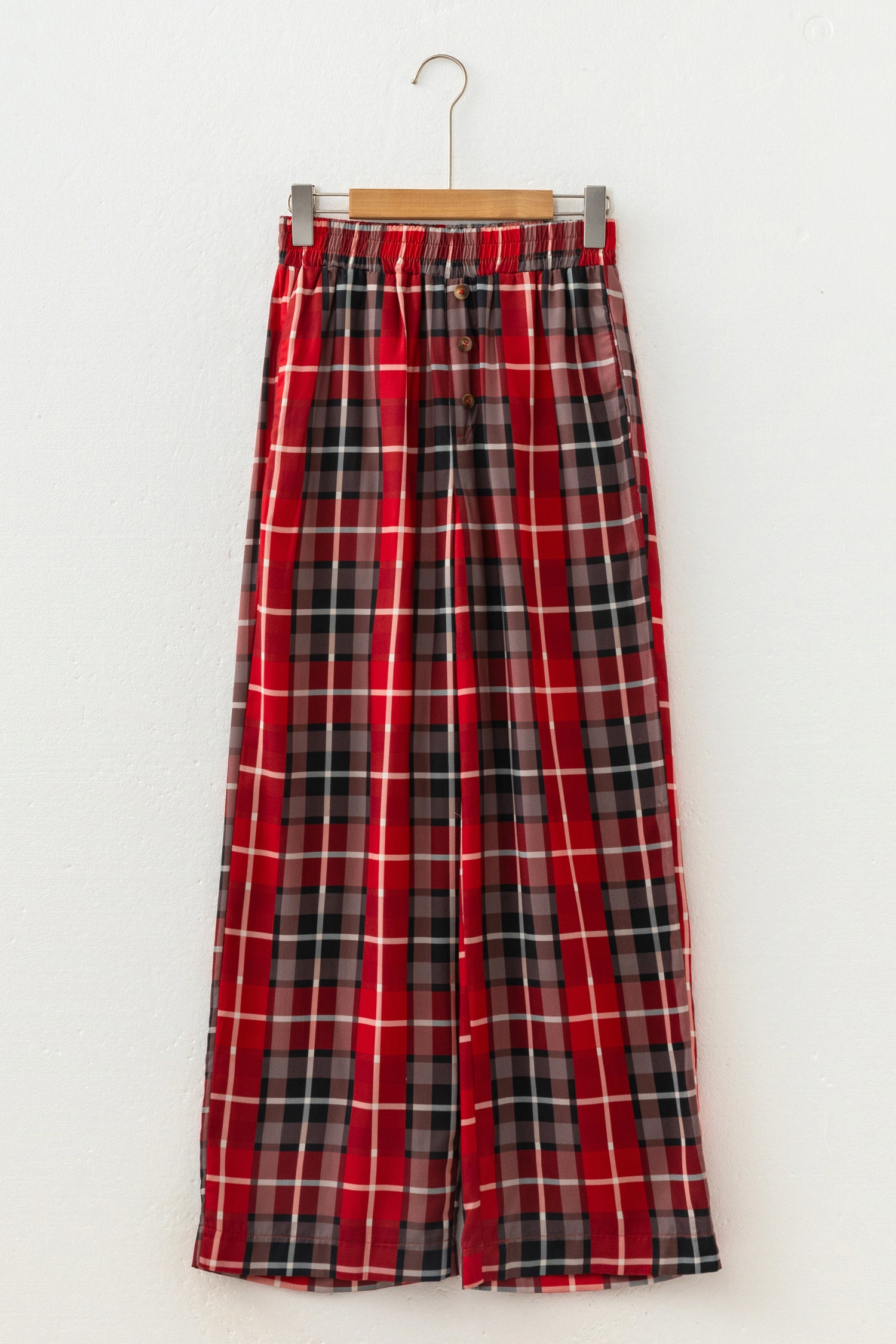Red Plaid Elastic Waist Pocket Regular Full-Length Pants